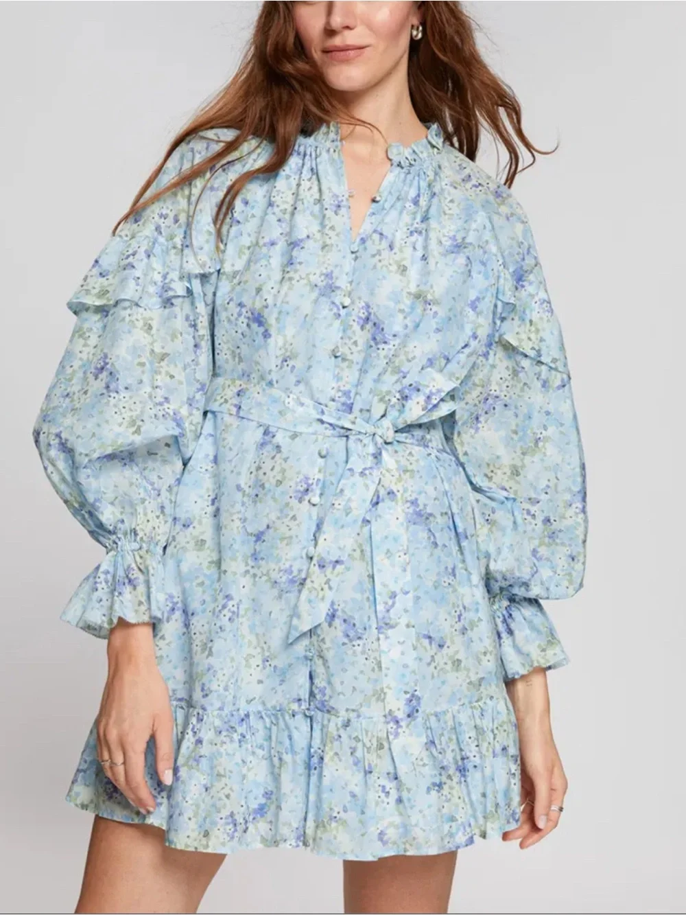 & Other Stories Silk Blue Floral Tie-Waist Mini Dress